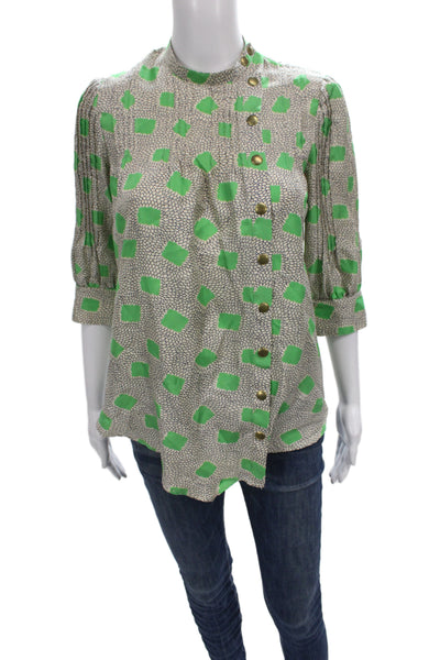 Lauren Moffatt Womens Beige Silk Geometric High Neck Tunic 3/4 Sleeve Size XS
