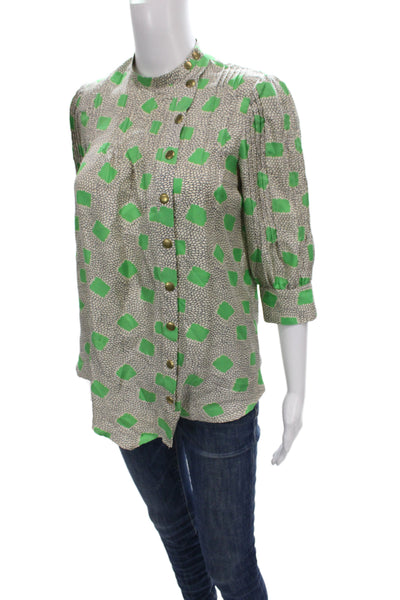 Lauren Moffatt Womens Beige Silk Geometric High Neck Tunic 3/4 Sleeve Size XS