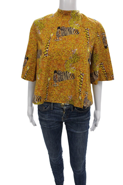 Rhode Womens Cropped Animal Print Mock Neck Tie Short Sleeve Blouse Size M
