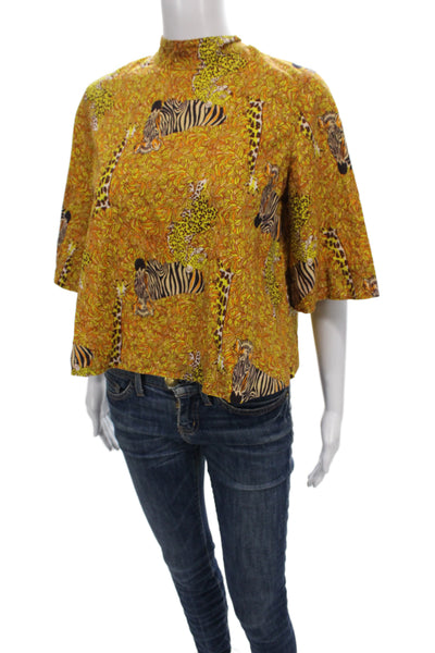 Rhode Womens Cropped Animal Print Mock Neck Tie Short Sleeve Blouse Size M