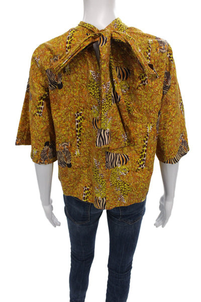 Rhode Womens Cropped Animal Print Mock Neck Tie Short Sleeve Blouse Size M
