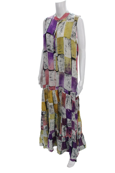 Busayo Women Maxi Dress Multicolor Batik Viscose Sleeveless Collared Size S