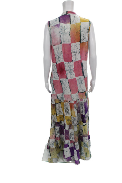 Busayo Women Maxi Dress Multicolor Batik Viscose Sleeveless Collared Size S