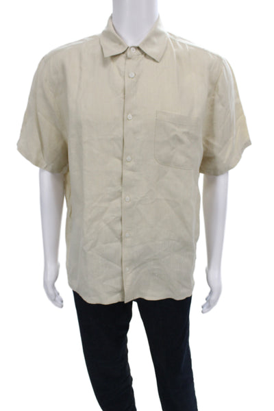 American Giant Mens Button Front Short Sleeve Collared Linne Shirt Beige Medium