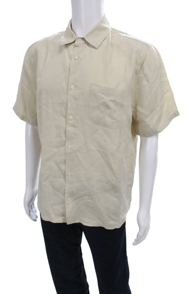American Giant Mens Button Front Short Sleeve Collared Linne Shirt Beige Medium