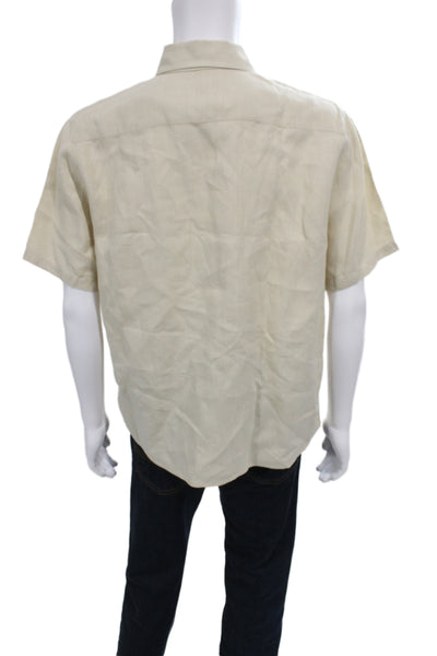 American Giant Mens Button Front Short Sleeve Collared Linne Shirt Beige Medium