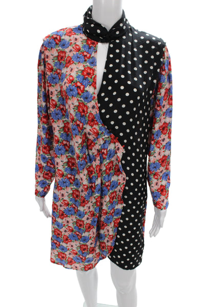 Rixo Womens Black Silk Floral High Neck Long Sleeve Wrap Dress Knee Size M