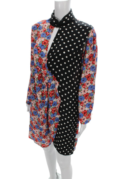 Rixo Womens Black Silk Floral High Neck Long Sleeve Wrap Dress Knee Size M