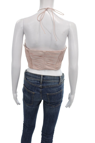 Zara Women Cropped Halter Tie Tank Pink Sleeveless 100% Polyester Size L