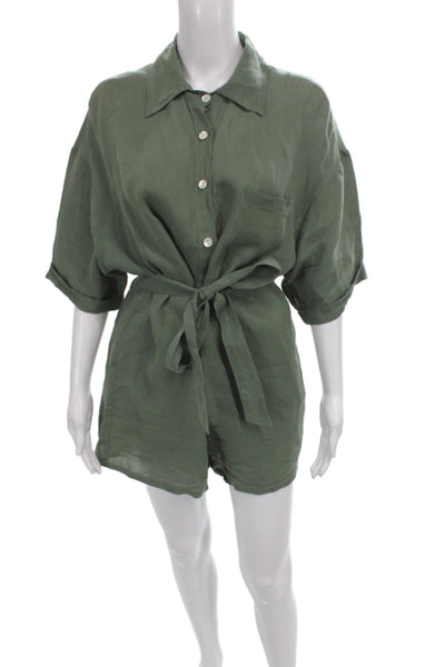 Vitamin A Women Collared Linen Romper Green Half Sleeve Size M