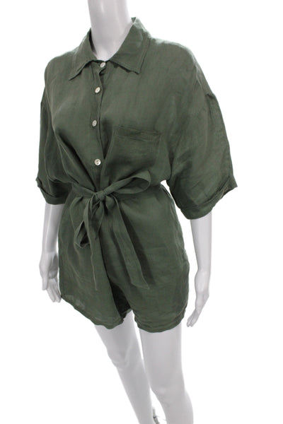 Vitamin A Women Collared Linen Romper Green Half Sleeve Size M