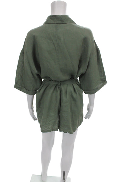 Vitamin A Women Collared Linen Romper Green Half Sleeve Size M