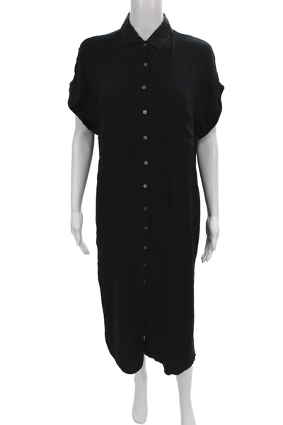 Pampelone Women Shirt Dress Black Collared Short Sleeve Rayon Size S