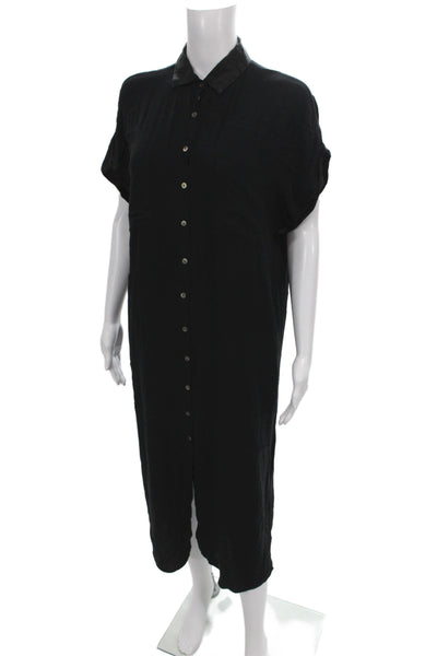 Pampelone Women Shirt Dress Black Collared Short Sleeve Rayon Size S