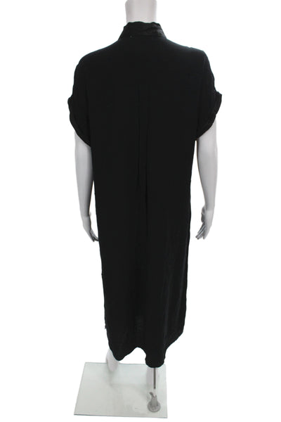Pampelone Women Shirt Dress Black Collared Short Sleeve Rayon Size S