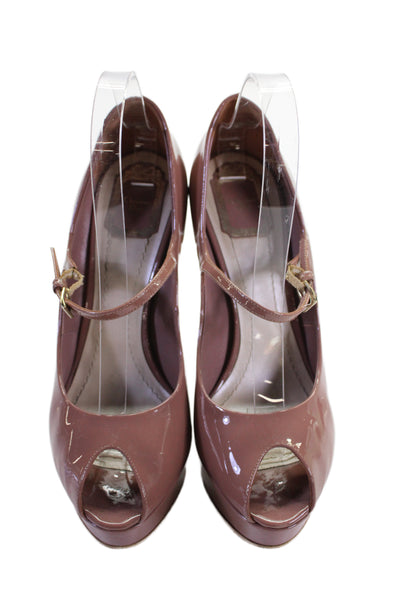 Christian Dior Womens Stiletto Platform Peep Toe Pumps Brown Patent Leather 39.5