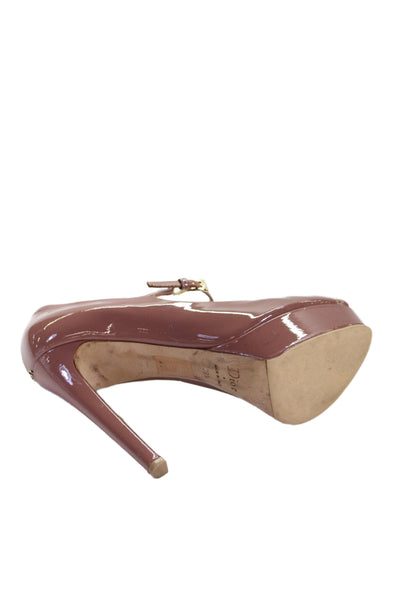 Christian Dior Womens Stiletto Platform Peep Toe Pumps Brown Patent Leather 39.5