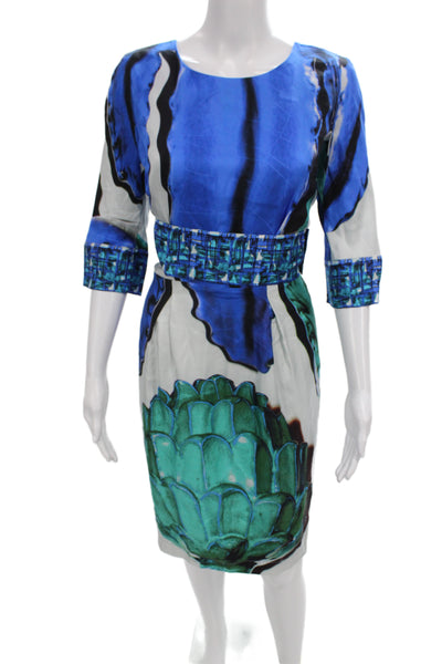 Risto Women Sheath Dress Silk Blue 3/4 Sleeve Knee Length Round Neck Size L