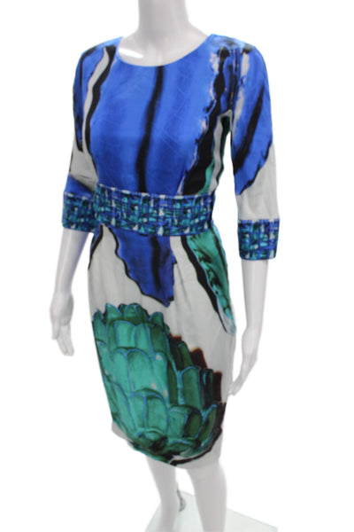 Risto Women Sheath Dress Silk Blue 3/4 Sleeve Knee Length Round Neck Size L