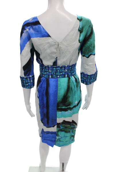 Risto Women Sheath Dress Silk Blue 3/4 Sleeve Knee Length Round Neck Size L
