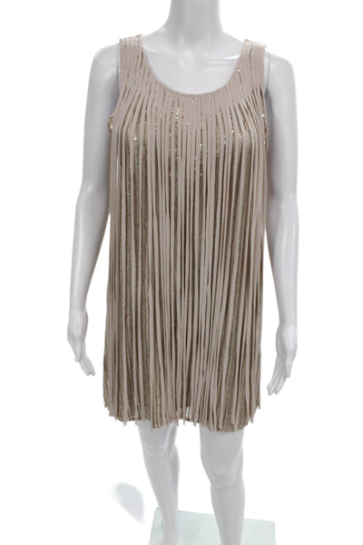 Parker Women Striped Silk Sleeveless Scoop Neck Shift Dress Beige Size S