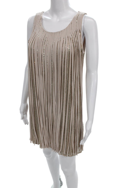 Parker Women Striped Silk Sleeveless Scoop Neck Shift Dress Beige Size S
