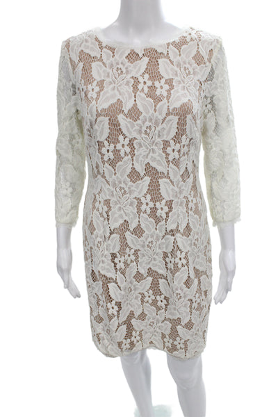 Adrianna Papell Women Sheath White Floral Knee Length 3/4 Sleeve Size 8
