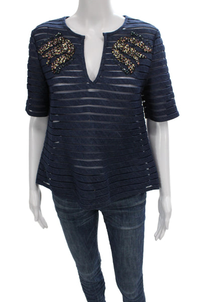 Cynthia Rowley Women Striped V-Neck Tunic Blouse Blue Short Sleeve Size 6