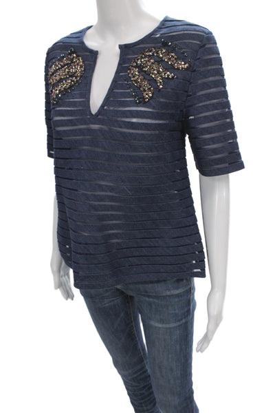 Cynthia Rowley Women Striped V-Neck Tunic Blouse Blue Short Sleeve Size 6