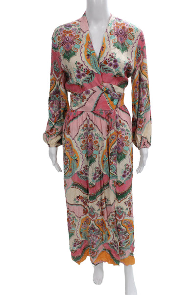Zara Womens Bohemian Floral V Neck Tie Waist Long Sleeve Maxi Dress Size XS