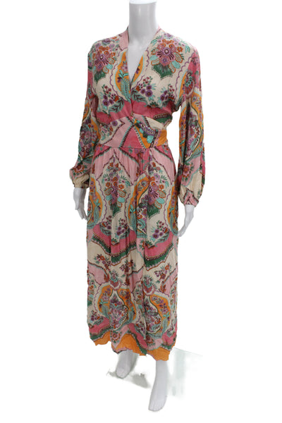 Zara Womens Bohemian Floral V Neck Tie Waist Long Sleeve Maxi Dress Size XS
