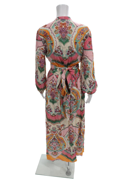 Zara Womens Bohemian Floral V Neck Tie Waist Long Sleeve Maxi Dress Size XS