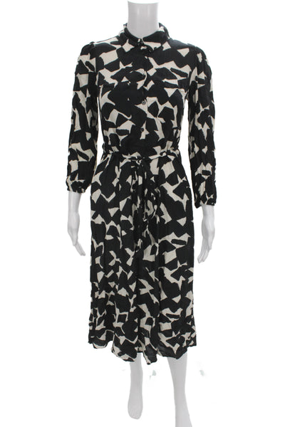 Zara Women Shirt Dress Black Geometric Long Sleeve Viscose Midi Size XS