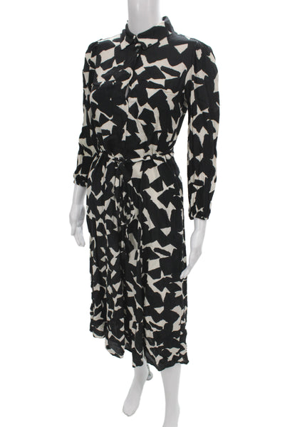 Zara Women Shirt Dress Black Geometric Long Sleeve Viscose Midi Size XS