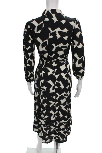 Zara Women Shirt Dress Black Geometric Long Sleeve Viscose Midi Size XS