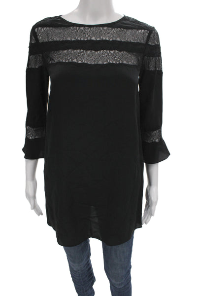 Rebecca Taylor Women Black Silk Lace Tunic 3/4 Sleeve Round Neck Size 0