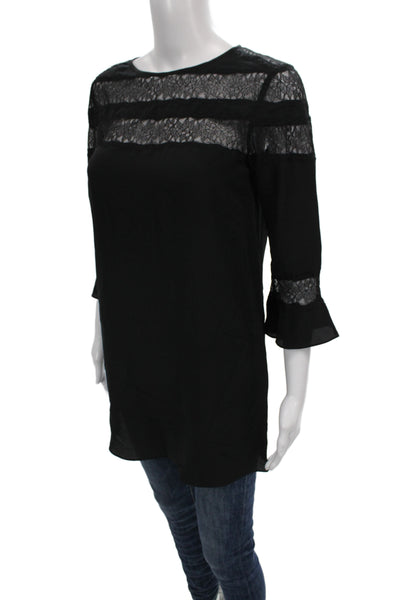 Rebecca Taylor Women Black Silk Lace Tunic 3/4 Sleeve Round Neck Size 0