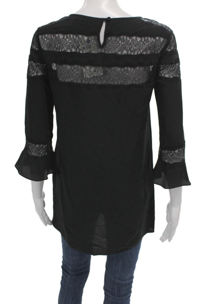 Rebecca Taylor Women Black Silk Lace Tunic 3/4 Sleeve Round Neck Size 0