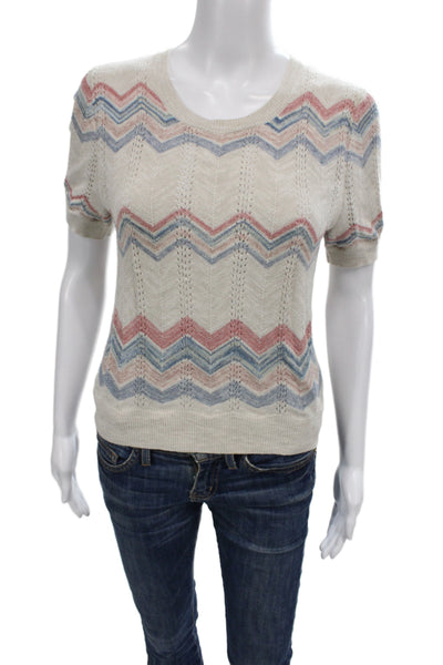Moth Women Pullover Short Sleeve Scoop Neck Chevron Geometric Beige Size S