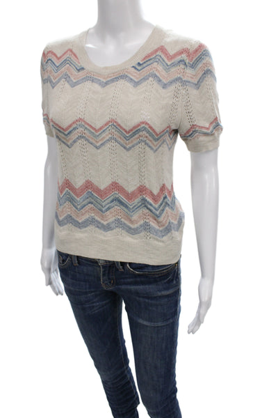 Moth Women Pullover Short Sleeve Scoop Neck Chevron Geometric Beige Size S