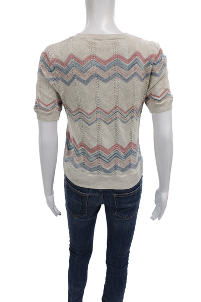 Moth Women Pullover Short Sleeve Scoop Neck Chevron Geometric Beige Size S