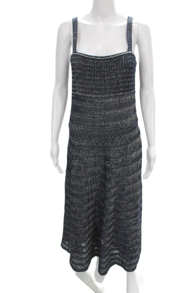 Chanel Womens Maxi Dress Black Striped Cotton Square Neck Sleeveless Zip Size 40