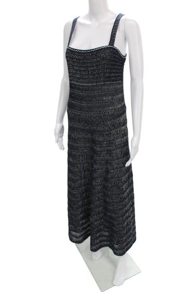 Chanel Womens Maxi Dress Black Striped Cotton Square Neck Sleeveless Zip Size 40