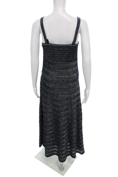 Chanel Womens Maxi Dress Black Striped Cotton Square Neck Sleeveless Zip Size 40