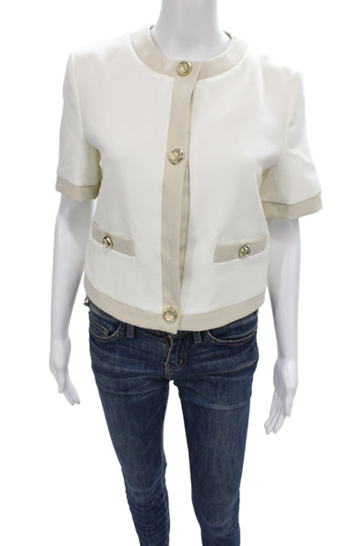Zara Women Basic Jacket White Acetate Short Sleeve Button Round Neck Size S