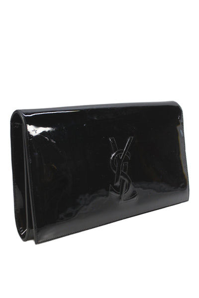 YSL Womens Patent Leather Belle De Jour Foldover Clutch Bag Black