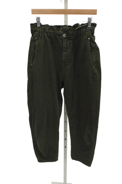 Zara Womens Paperbag Pants Green Cotton Button Inseam 26 Size 8