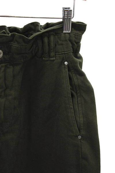Zara Womens Paperbag Pants Green Cotton Button Inseam 26 Size 8