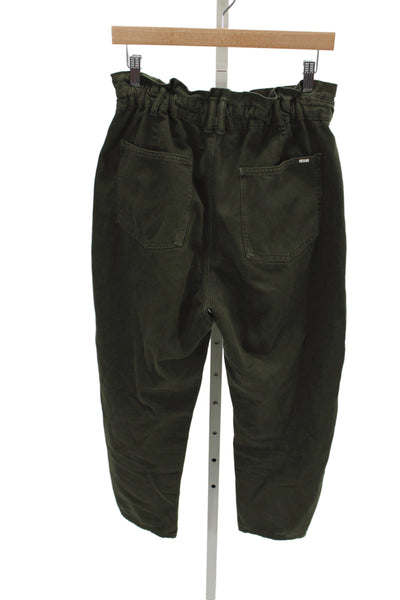 Zara Womens Paperbag Pants Green Cotton Button Inseam 26 Size 8