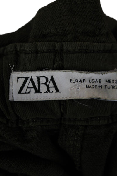 Zara Womens Paperbag Pants Green Cotton Button Inseam 26 Size 8